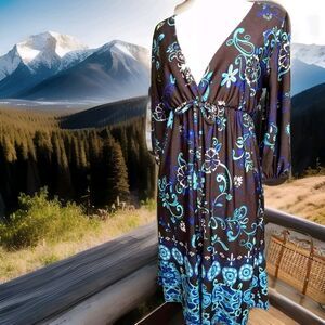 Hypnotized Bohemian Dress Brown Women's Small Colorful Floral Empire Waist Comfy